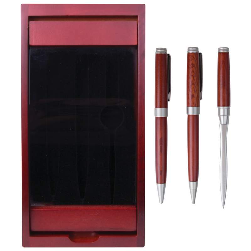 Alex Navarre™ 3pc Pen, Pencil and Letter Opener in a Wood and Glass Case (Sold by the dozen)